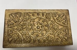 Hand Carved Wooden India Floral Trinket Jewelry Box Pre Owned